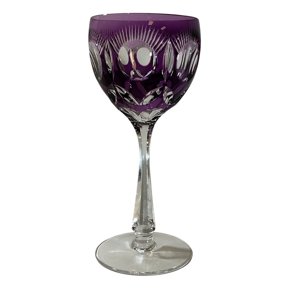 Vintage BOHO Amethyst Purple Cut to Clear Crystal Wine Goblet Faceted Stem 8.25" - Picture 2 of 11